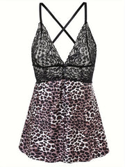 Leopard Print Lace Crisscross Back Cami Dress