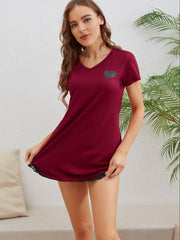 Heart Print Lounge Dress Short Sleeve Lace Trim Casual Loungewear