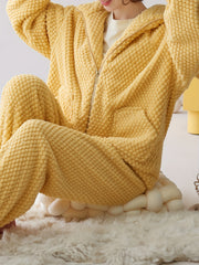 Women's Teddy Bear Plush Pajamas Soft & Warm Hooded Zip Up Top & Pants