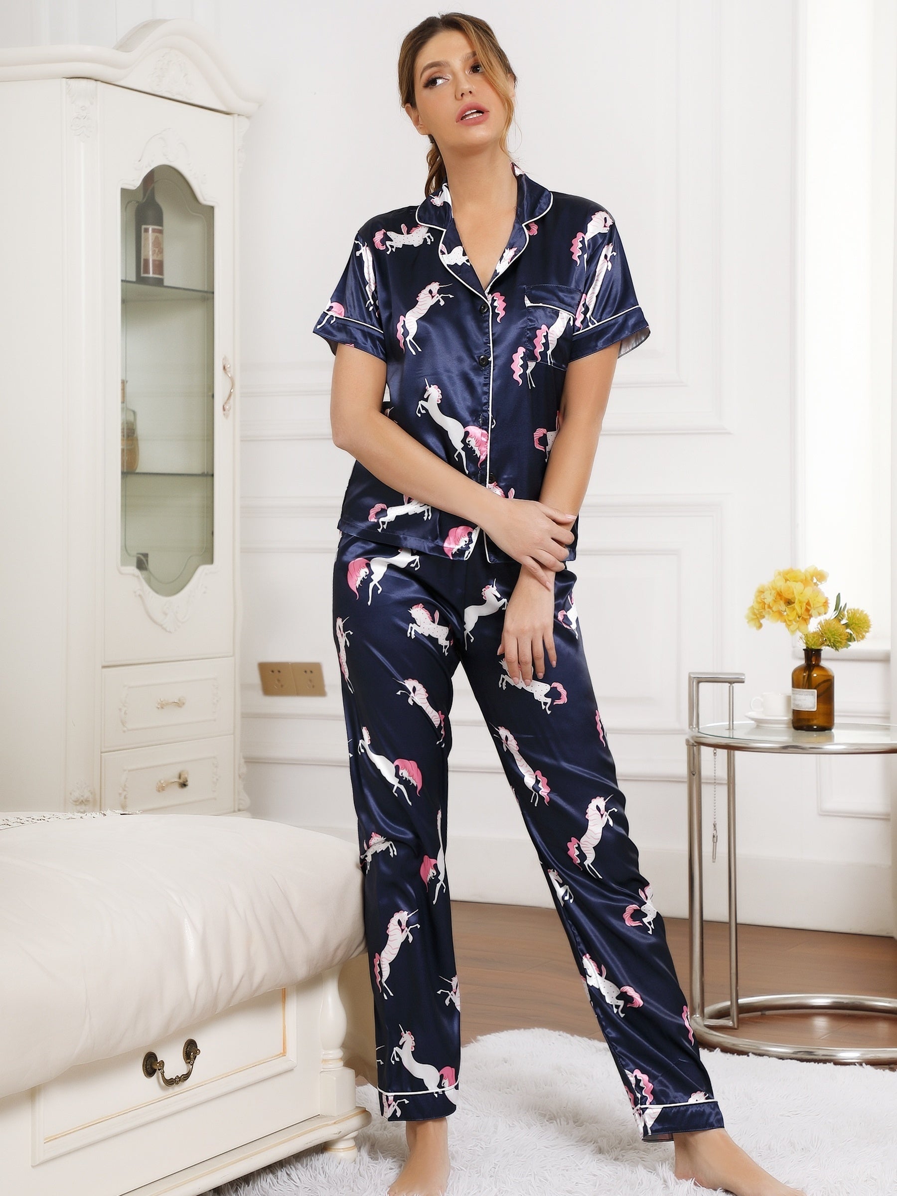 Pony Print Pajama Set Short Sleeve Button Up Top & Elastic Waistband Pants