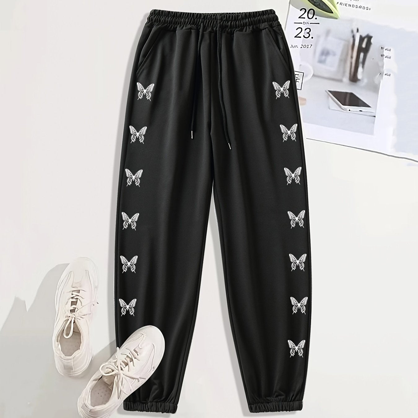 Monogram Butterfly Print Casual Sports Pants with Drawstring