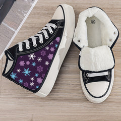 Christmas Snowflake Print Plush Lined Canvas Sneakers