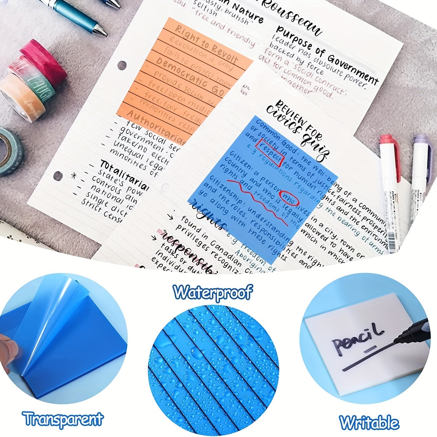 30 Page Transparent Sticky Notes - Waterproof & Writable