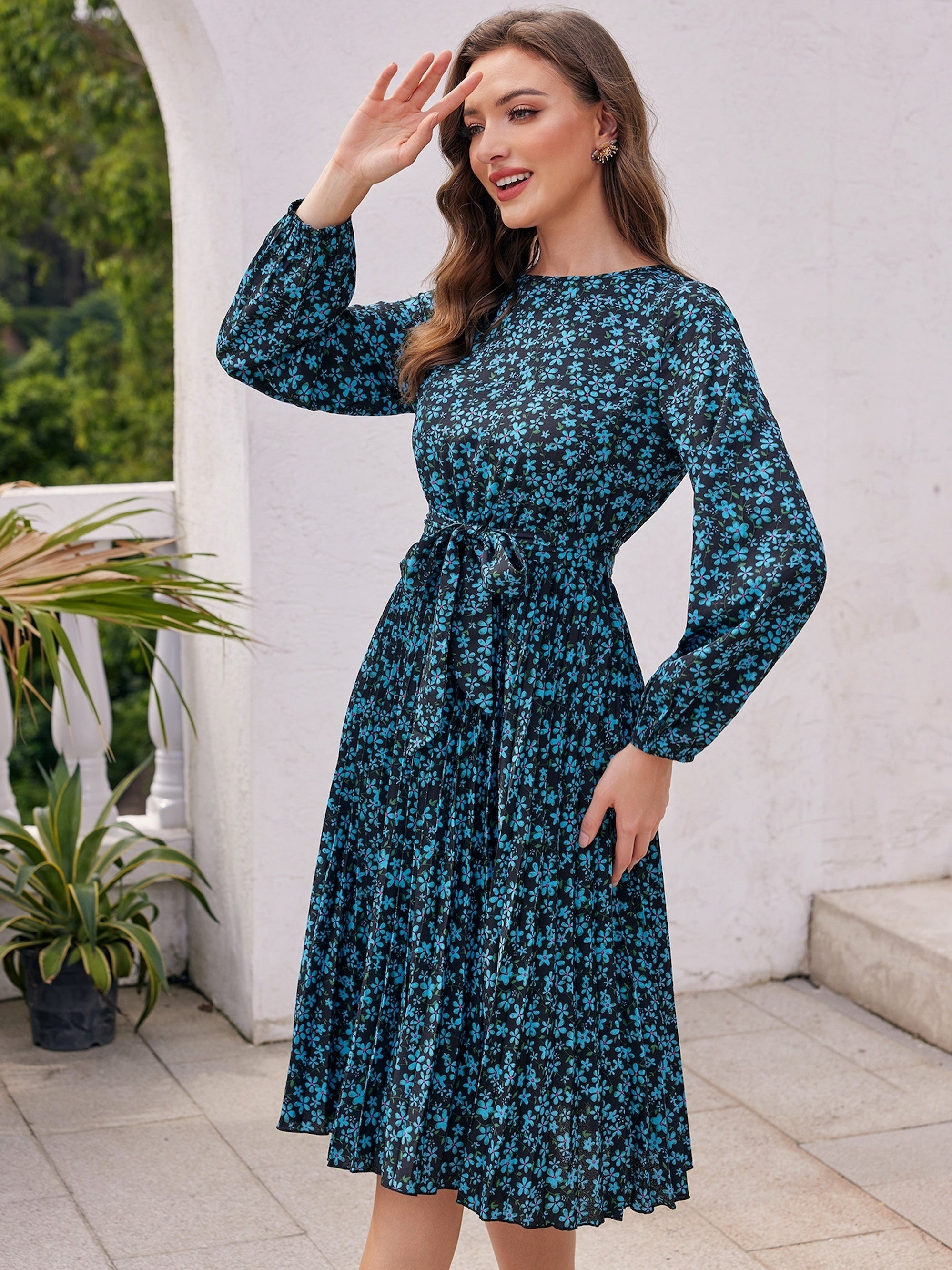 Floral Print Dress Pleated Lantern Long Sleeve Dress