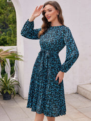 Floral Print Dress Pleated Lantern Long Sleeve Dress