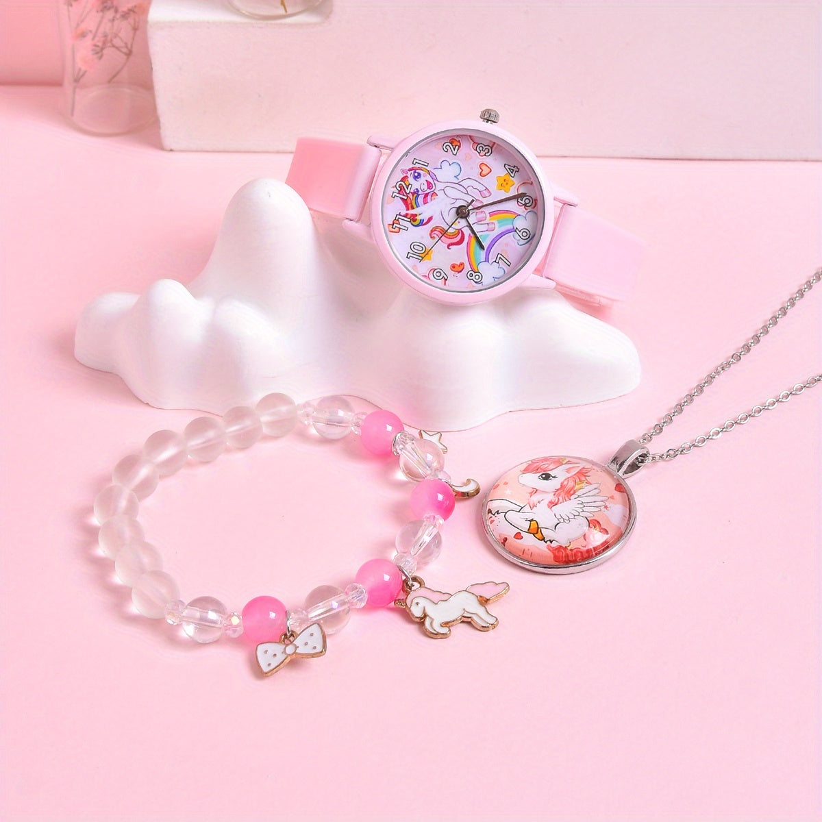 3pcs Cartoon Rainbow Horse Girls' Watch Creative Quartz Wristwatch Set