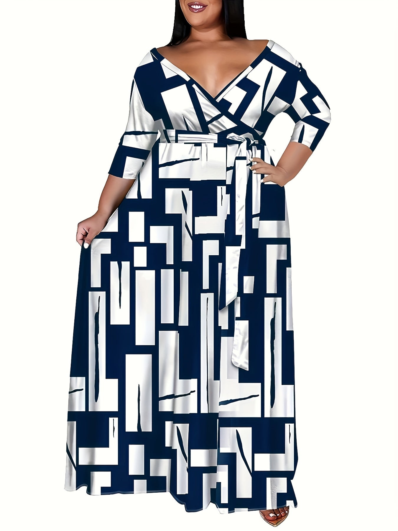 Plus Size Casual Geometric Print Maxi Dress with Belt