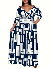 Plus Size Casual Geometric Print Maxi Dress with Belt