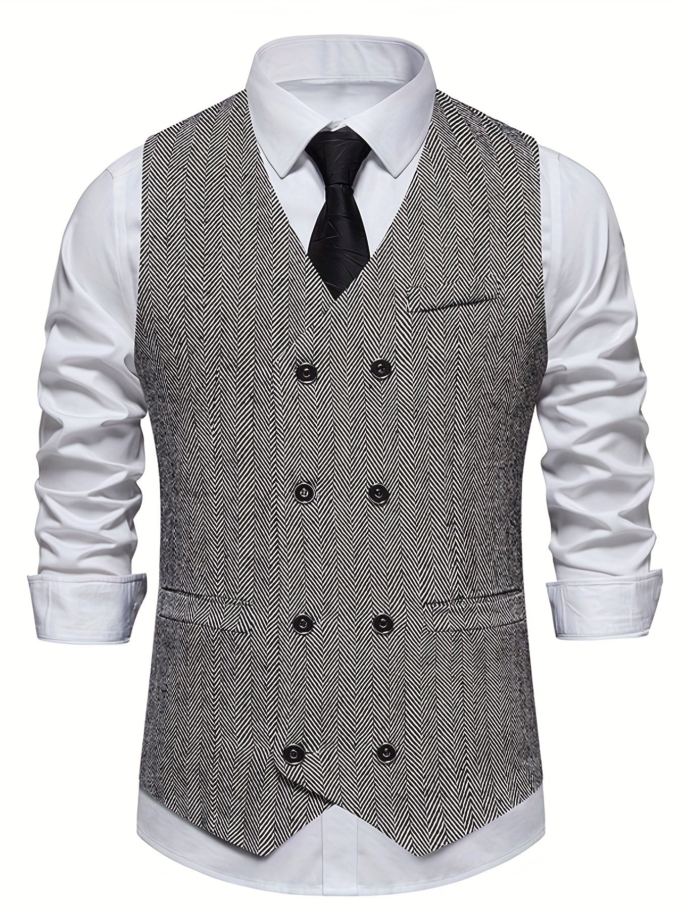 Classic Herringbone Double Breasted Men's Vest Wedding Retro Suit