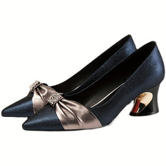 Bow Decor Chunky Heels Pointed Toe Pumps