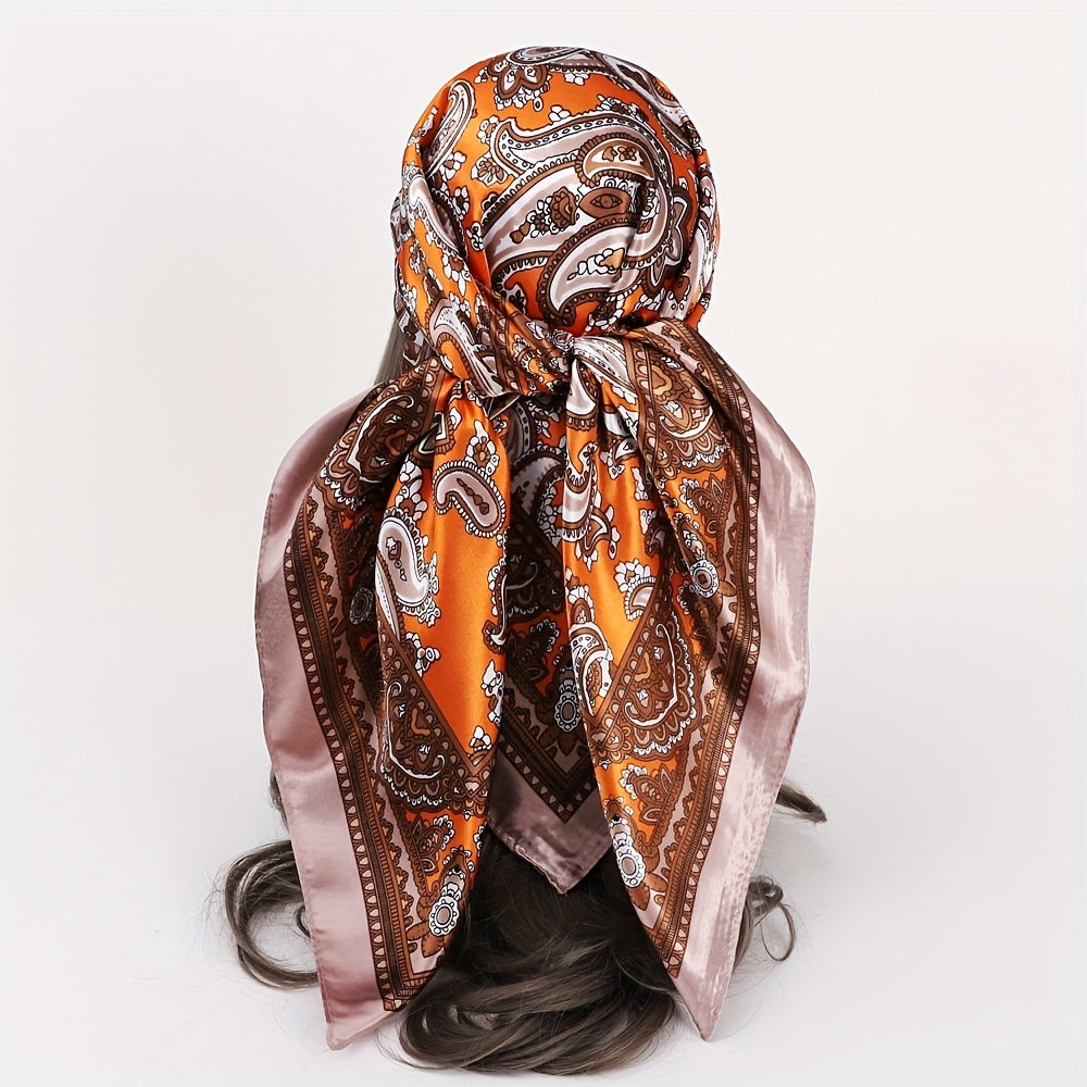 Vintage Paisley Print Square Scarf Satin Shawl Head Scarf Silk Bandana
