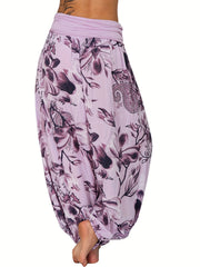 Boho Floral Print Pants Elastic Waist Vacation Harem Pants