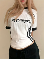 Street Letter Print Casual T shirt Striped Short Sleeve Women's Top