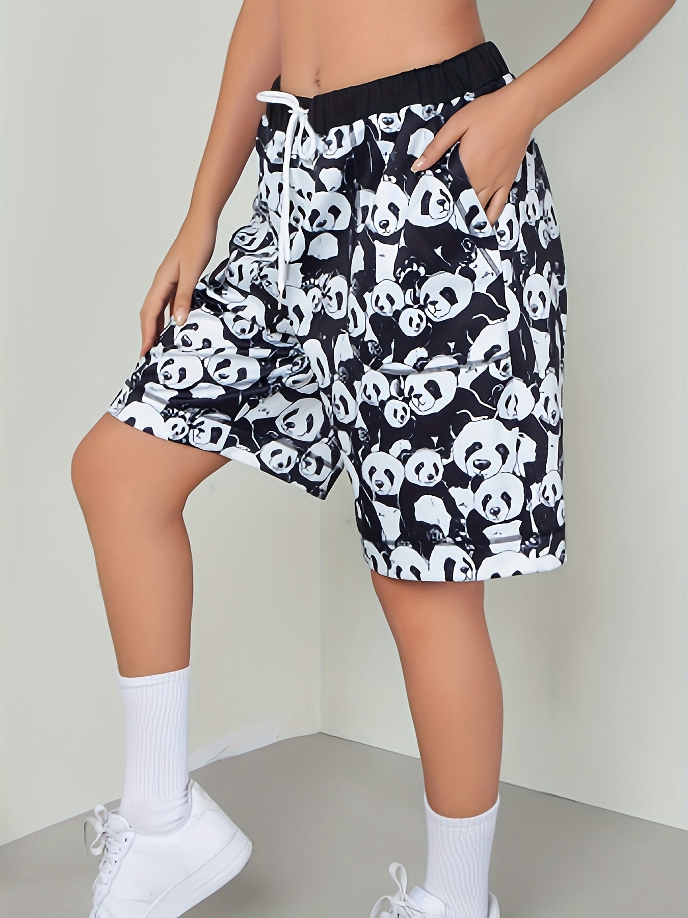 Panda Print Drawstring High Rise Shorts