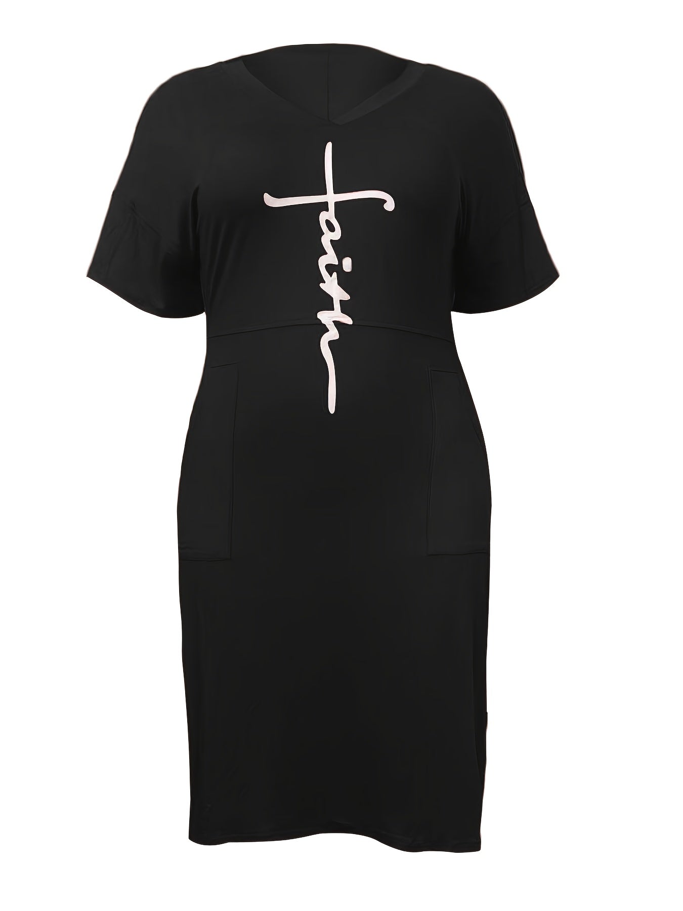 V Neck Short Sleeve Tee Dress With Pocket Women's Plus Medium Stretch