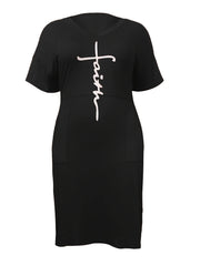 V Neck Short Sleeve Tee Dress With Pocket Women's Plus Medium Stretch