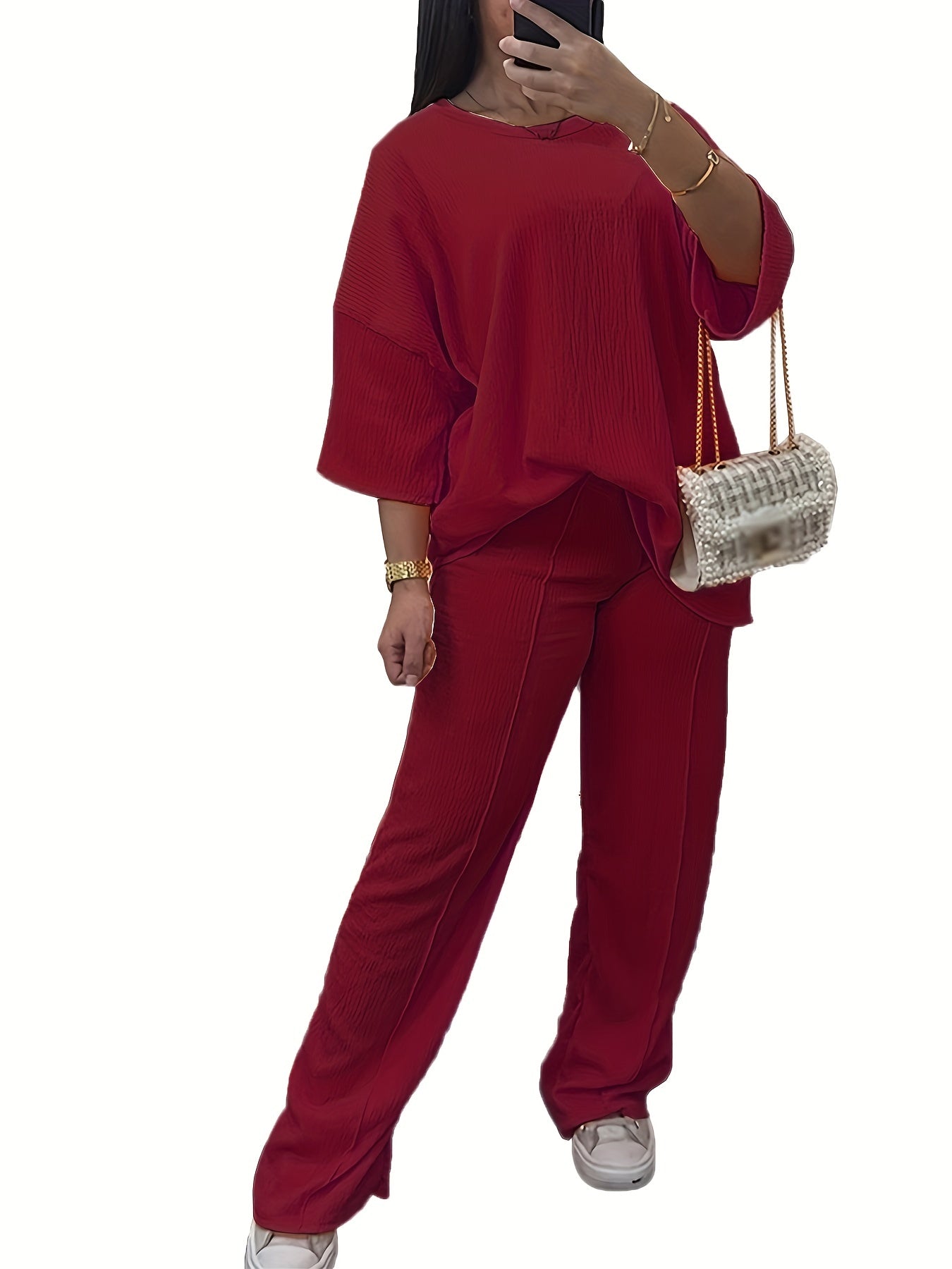 Solid Long Sleeve Top & Pants Set Plus Size Casual Outfit 2 Pcs Set