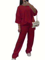 Solid Long Sleeve Top & Pants Set Plus Size Casual Outfit 2 Pcs Set