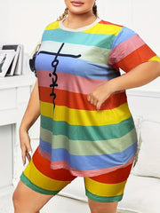 Women's Plus Stripe Letter Print Tee & Shorts Two Piece Set