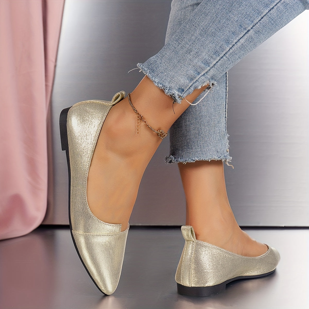 Glitter Golden Flat Shoes Slip On Lightweight Solid Shoes