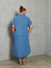 Denim Polo Neck Maxi Dress with Pockets