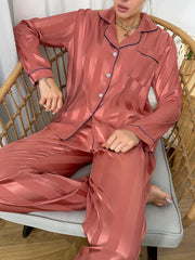 Striped Satin Lounge Set Long Sleeve Buttons Top & Elastic Waistband Pants