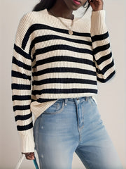 Stripe Pattern Knitted Pullover Sweater Crew Neck Long Sleeve for Fall & Winter
