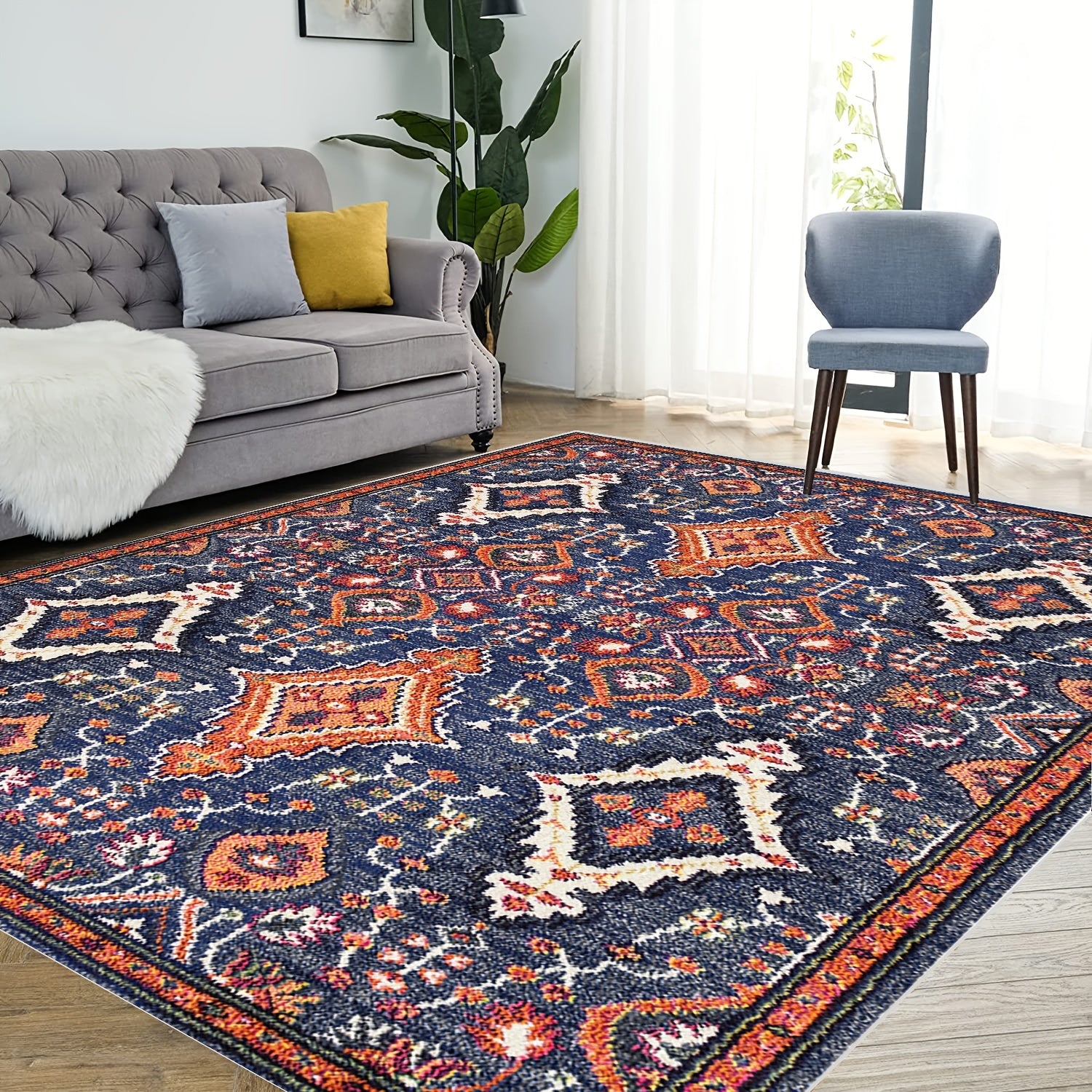 Boho Area Rug Soft Machine Washable Non-Slip Backing Stain Resistant Carpet