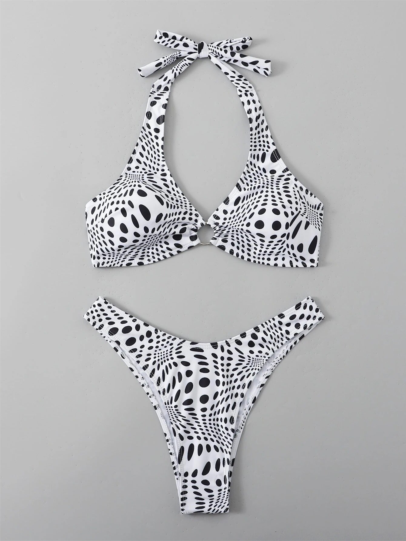 Polka Dot Halter Neck Bikini Set V Neck Ring Linked Tie Back Backless