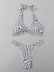 Polka Dot Halter Neck Bikini Set V Neck Ring Linked Tie Back Backless