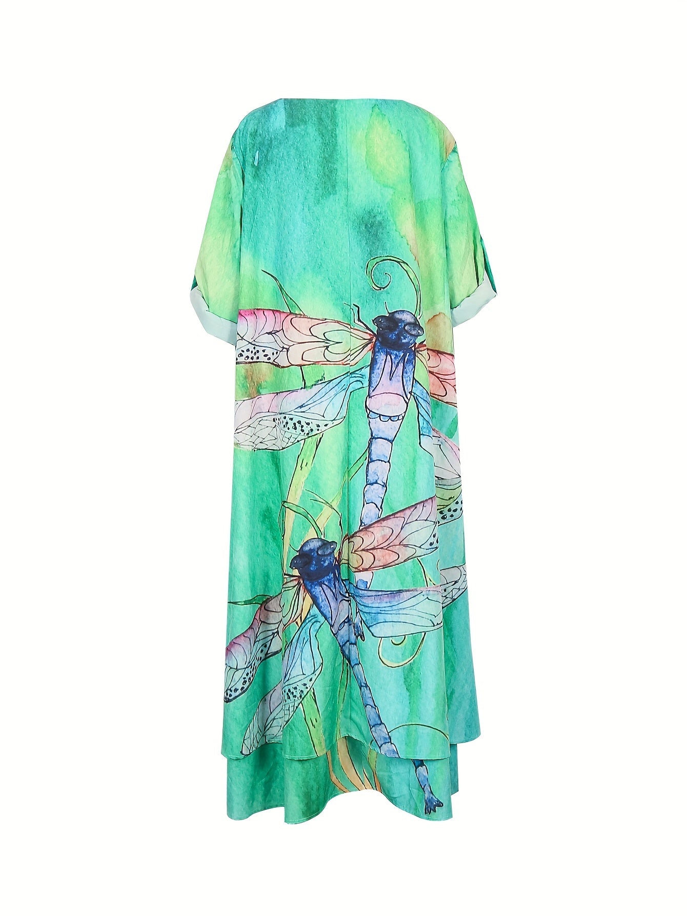 Dragonfly Print Roll Up Sleeve Round Neck Dress
