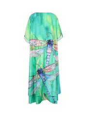 Dragonfly Print Roll Up Sleeve Round Neck Dress