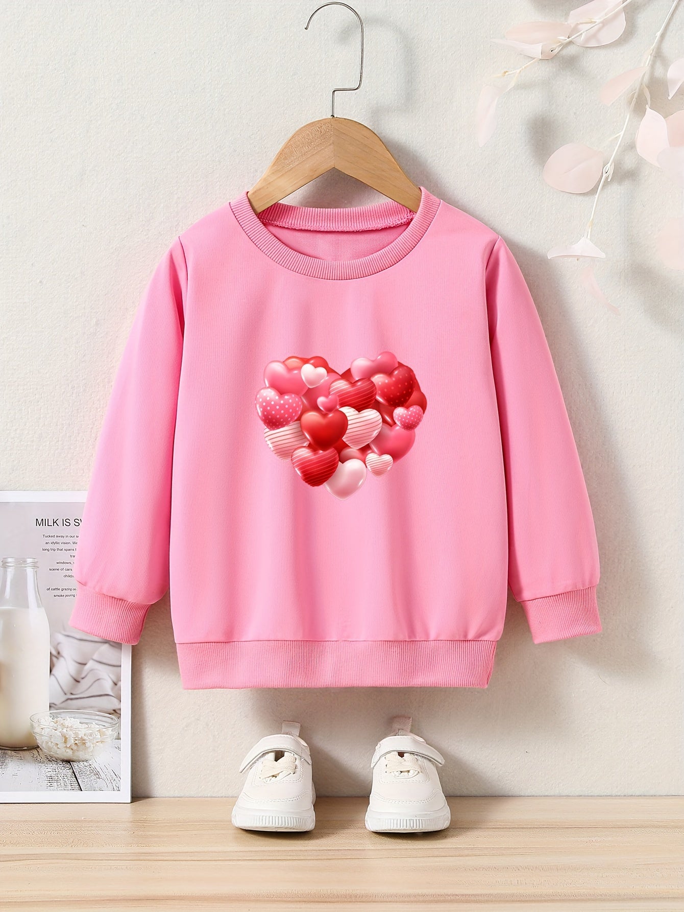 Red Hearts Print Girls Casual Pullover Sweatshirt
