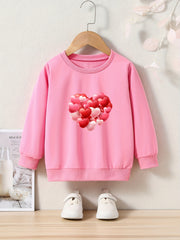 Red Hearts Print Girls Casual Pullover Sweatshirt