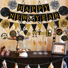 Happy Year Banner Golden Bunting Swirls Pom Poms Party Decor