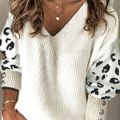 Colorblock Leopard Print Button Decor Lantern Sleeve V Neck Jumper