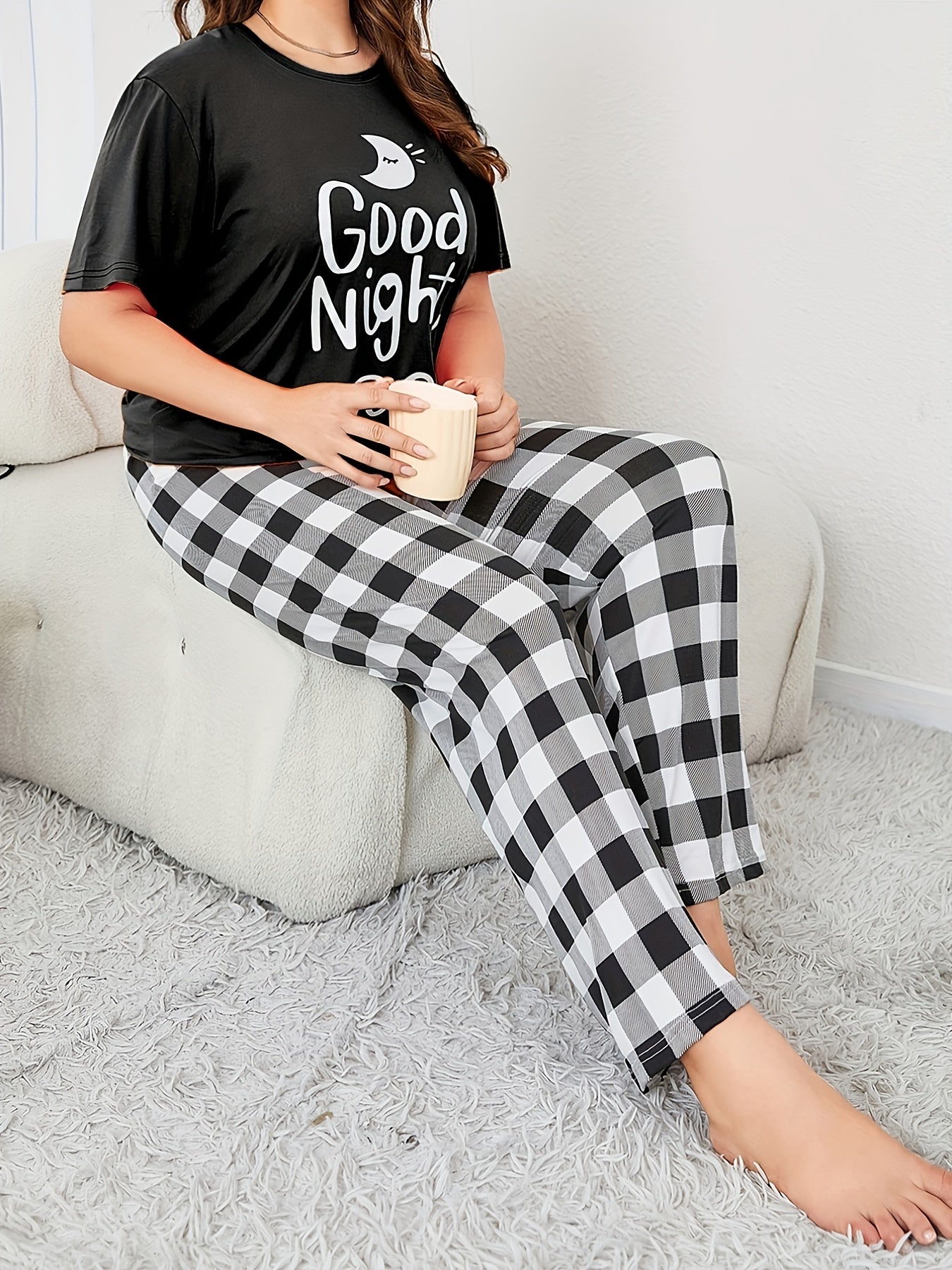 Letter Print Pajamas Set Short Sleeve Top & Plaid Pants