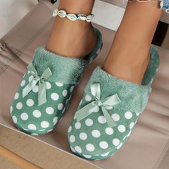 Women's Polka Dot Plush Slippers Bowknot Fuzzy Shoes