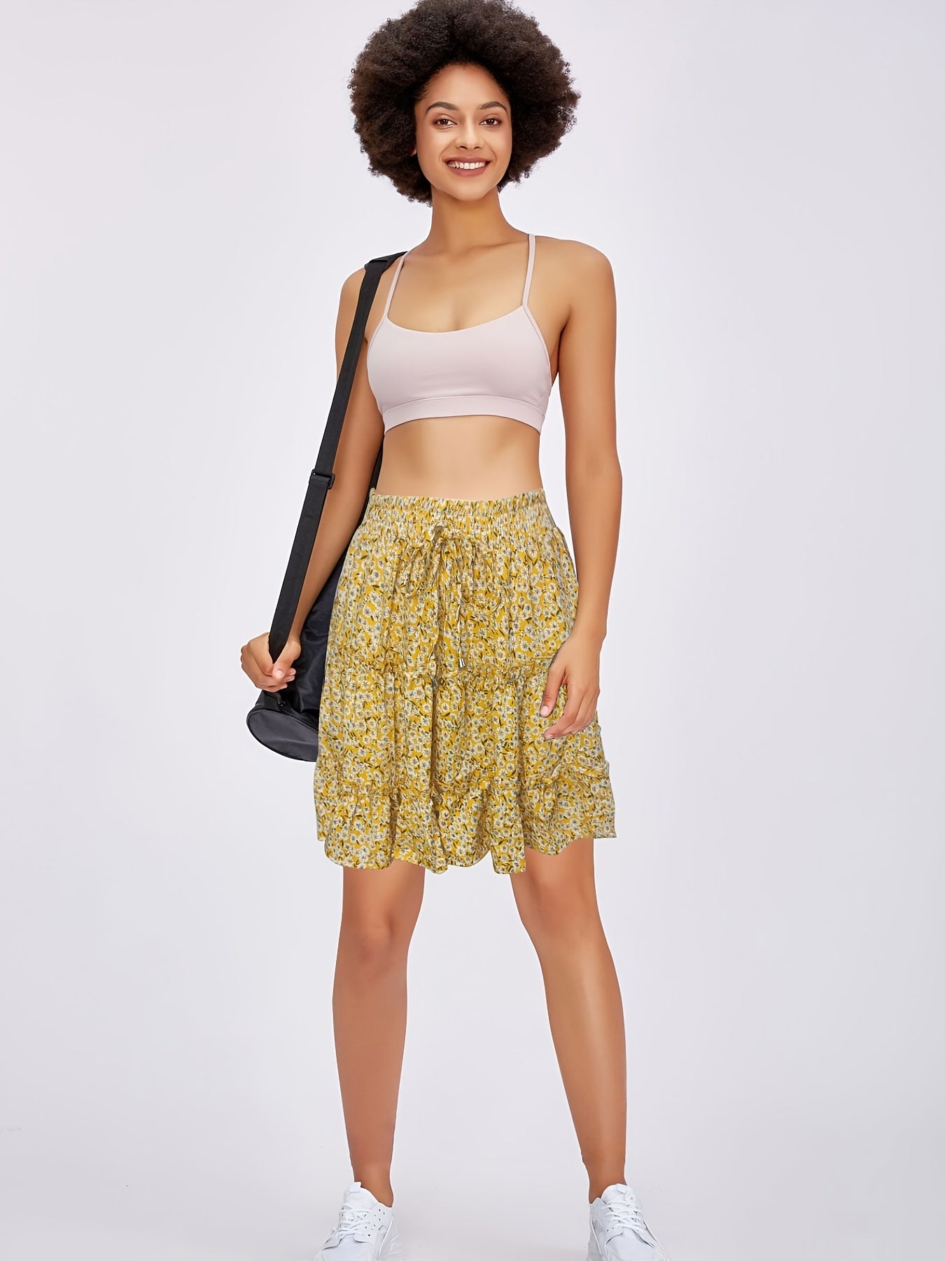 Floral Ruffle Layered Trim Skirt Boho Drawstring Women's Clothing