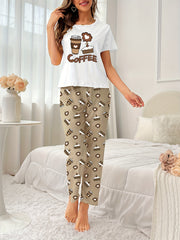 Coffee Print Pajama Set Short Sleeve Top & Pants Women's Sleepwear