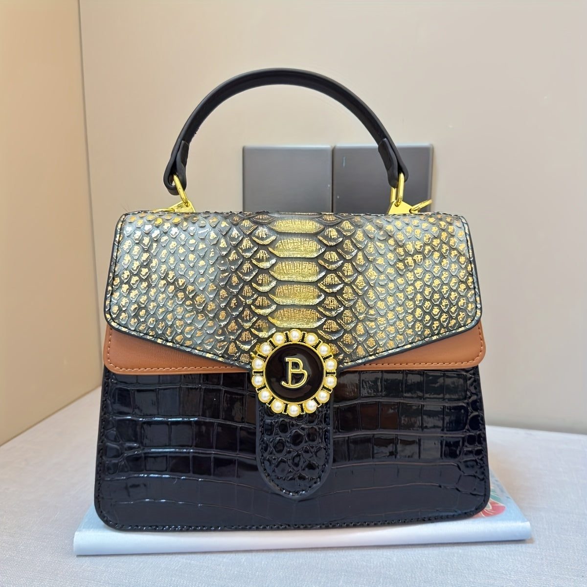 Snake Print Crossbody Bag with Detachable Strap