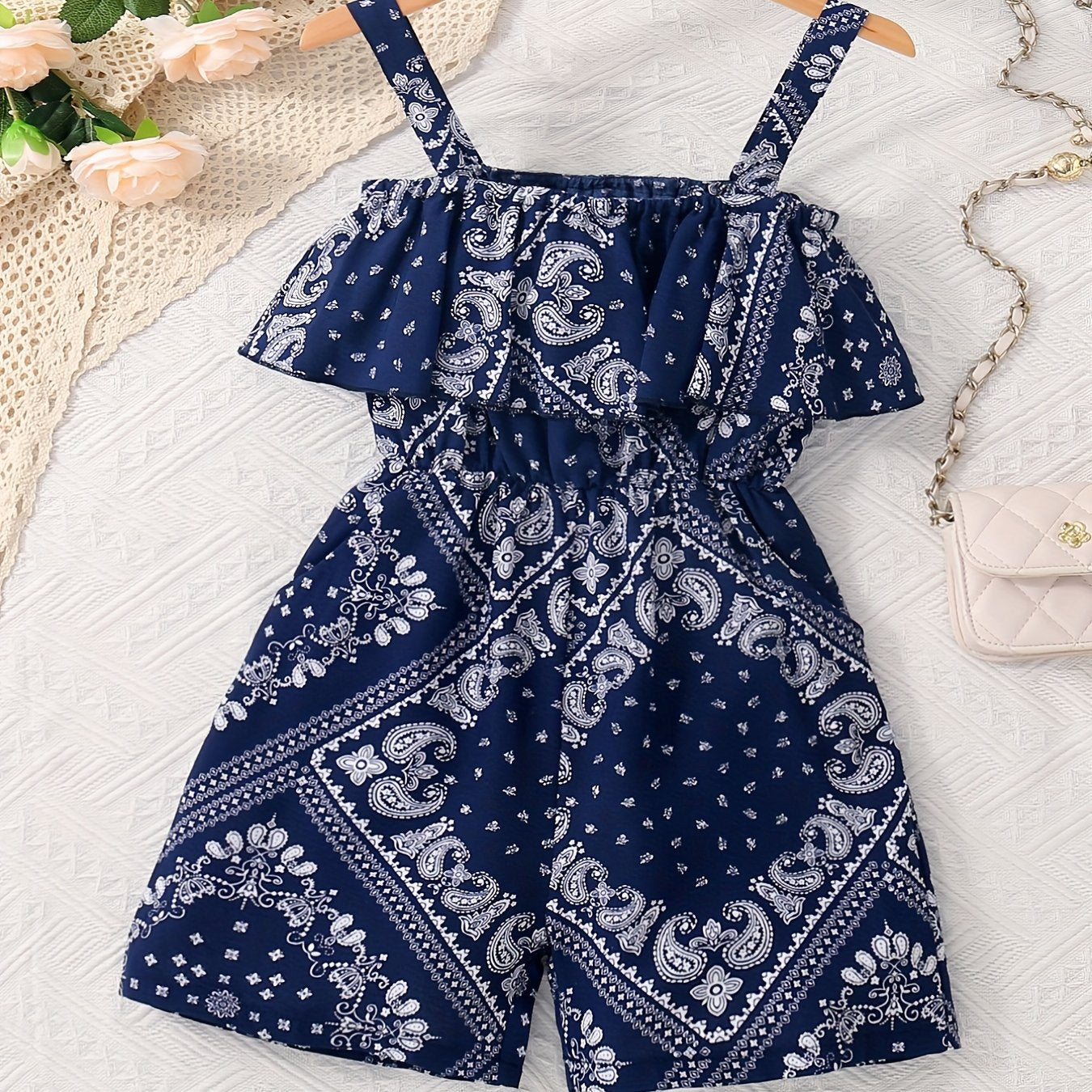 Toddler Girls Ethnic Abstract Ruffle Trim Cami Rompers Jumpsuits