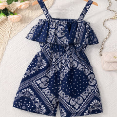 Toddler Girls Ethnic Abstract Ruffle Trim Cami Rompers Jumpsuits
