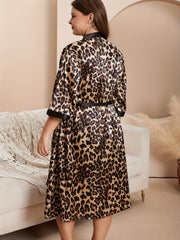 2 Pcs Satin Leopard Print Sleep Dress & Robes Set Plus Size