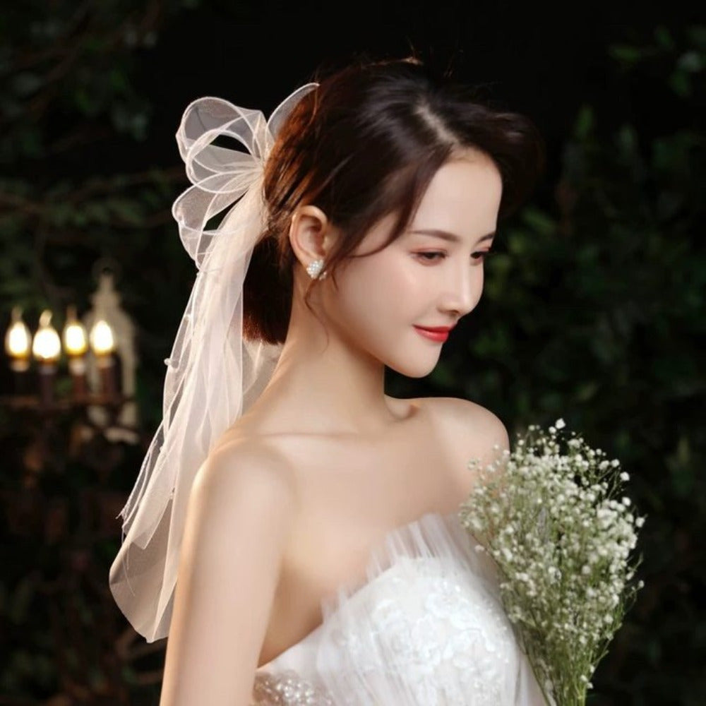 Bridal Veil with Pearl Bow Tulle Wedding Dress Accessory