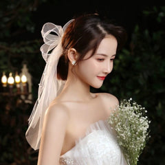 Bridal Veil with Pearl Bow Tulle Wedding Dress Accessory