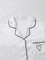 Heart Embroidered Pajama Set - Button Up Shirt & Shorts Loungewear