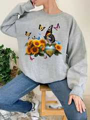 Butterfly & Sunflower Print Crew Neck Sweatshirt
