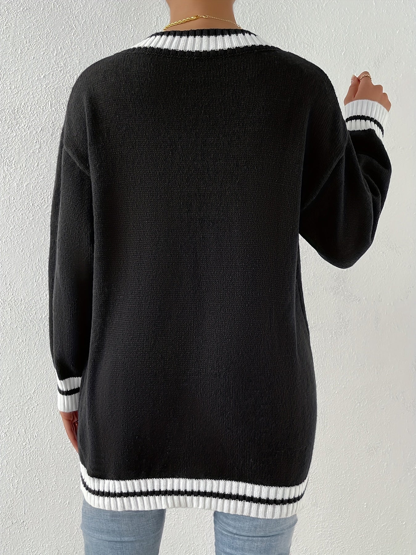 Block Knit Sweater V Neck Long Sleeve Preppy Sweater Women's Clothing