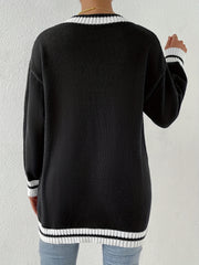 Block Knit Sweater V Neck Long Sleeve Preppy Sweater Women's Clothing